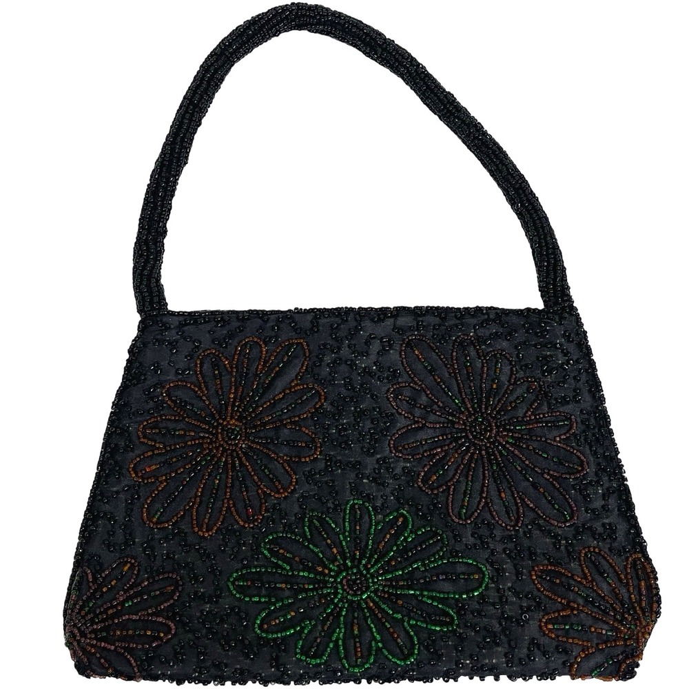 Vintage K.C. Malhan Beaded Floral Handbag Black Green Evening Bag Mod Retro Y2K
